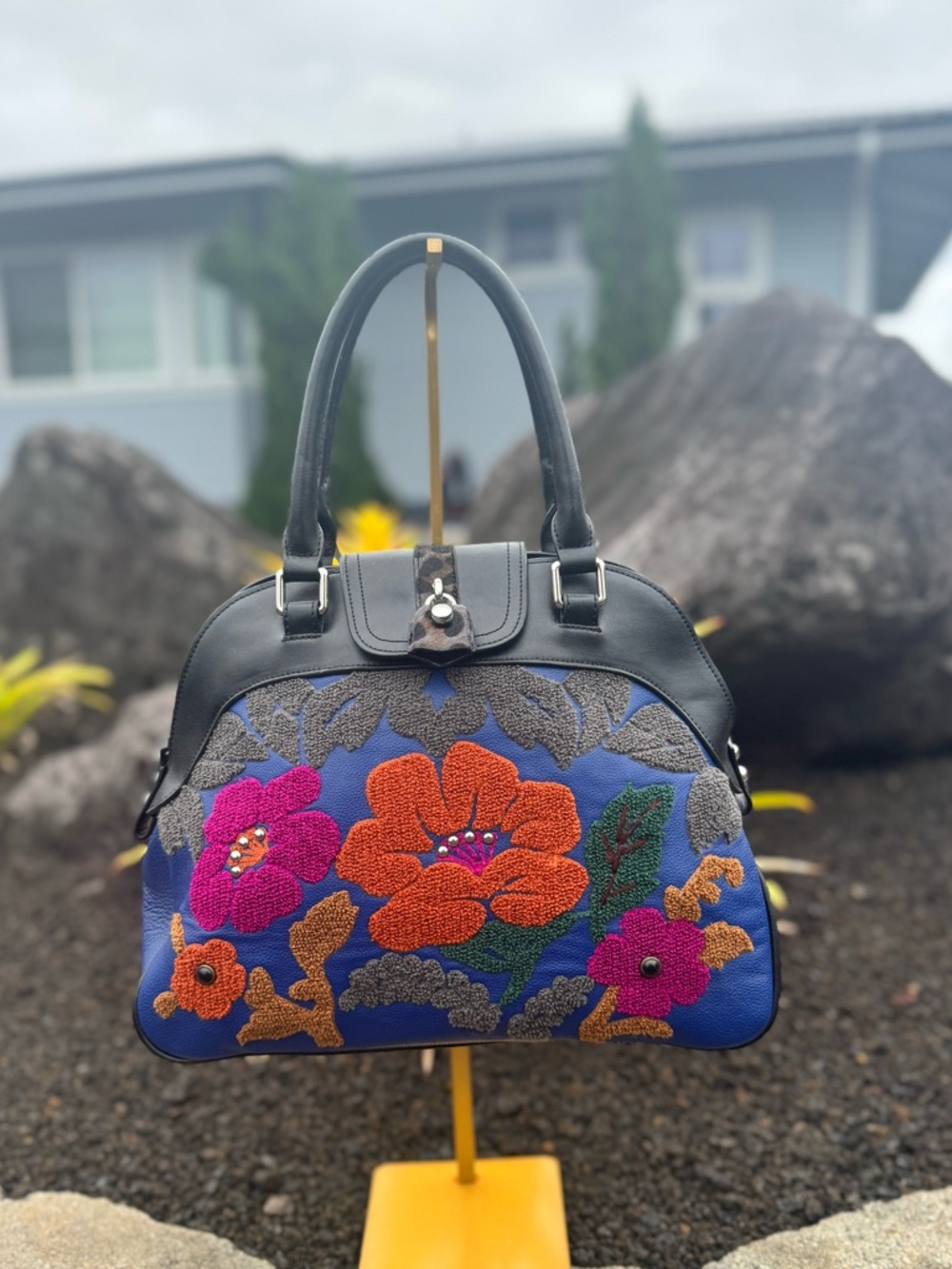 Sharif 1827 Embroidered Floral Satchel Blue Leather Calf Hair Leopard Accent